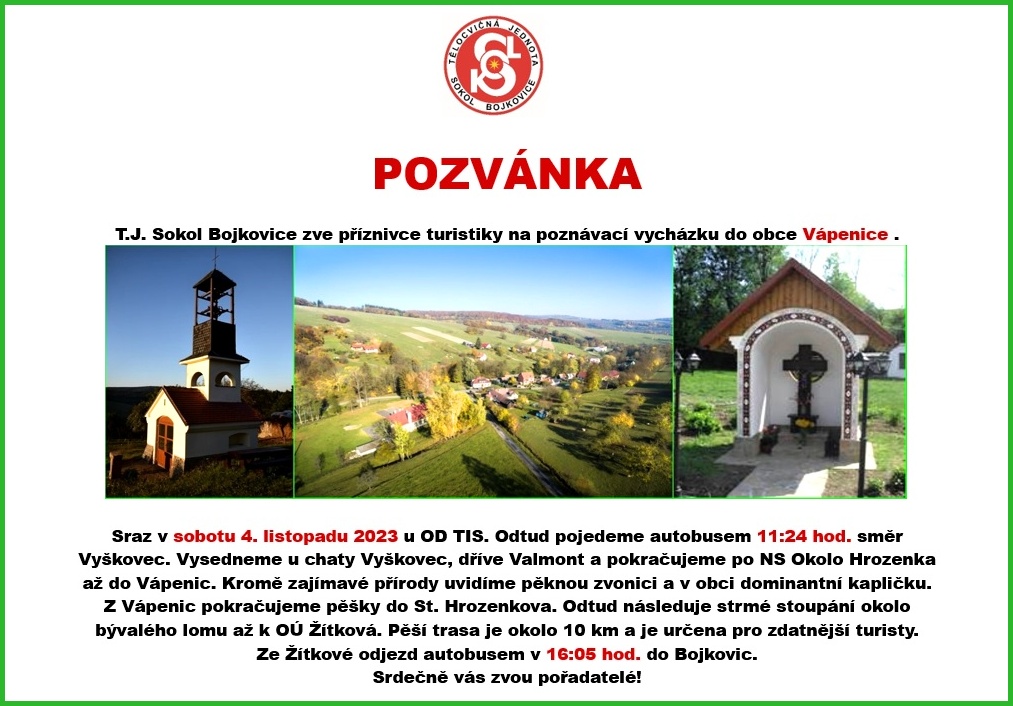 Pozvánka na vycházku do Vápenic 4.11. 2023