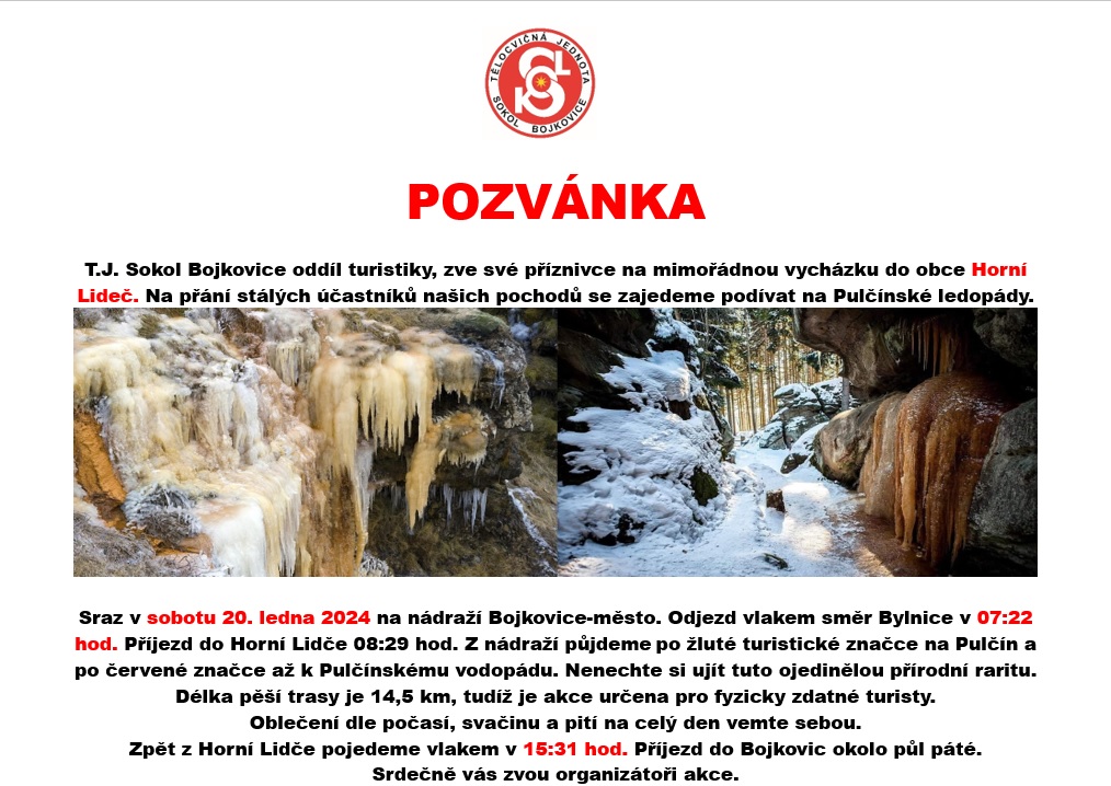 Pozvánka na vycházku Hor. Lideč-Pulčínské ledopády 20.1. 2024