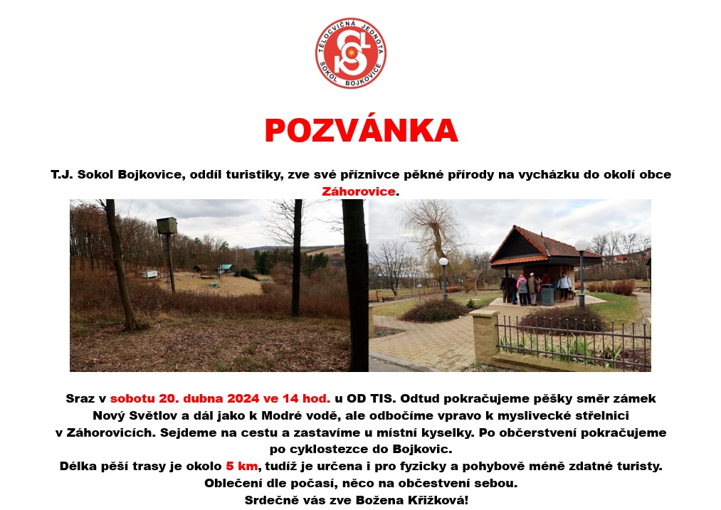 Pozvánka na vycházku do Záhorovic 20.4. 2024