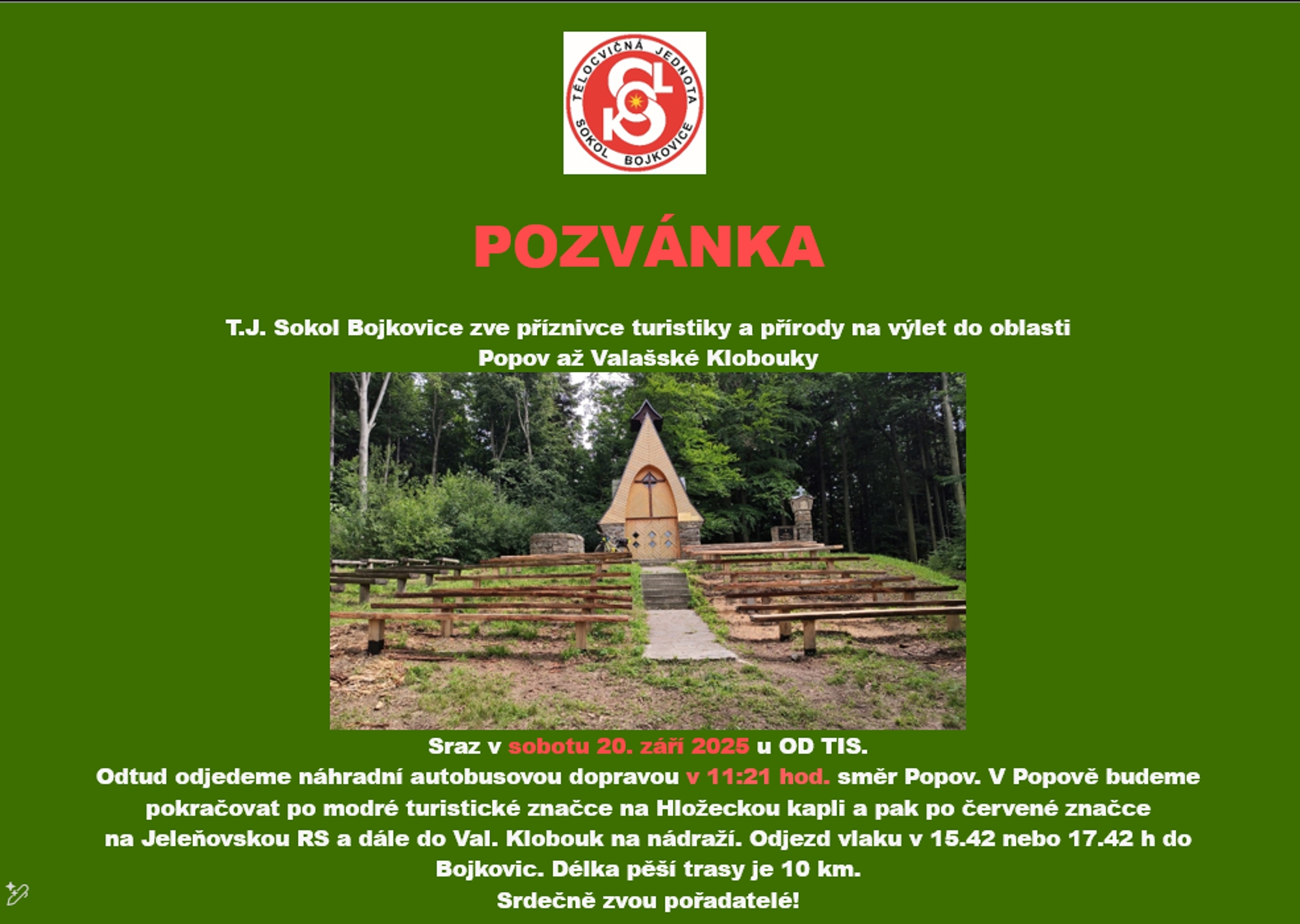 Pozvánka na vycházku Popov-Valašské Klobouky 20.9. 2025